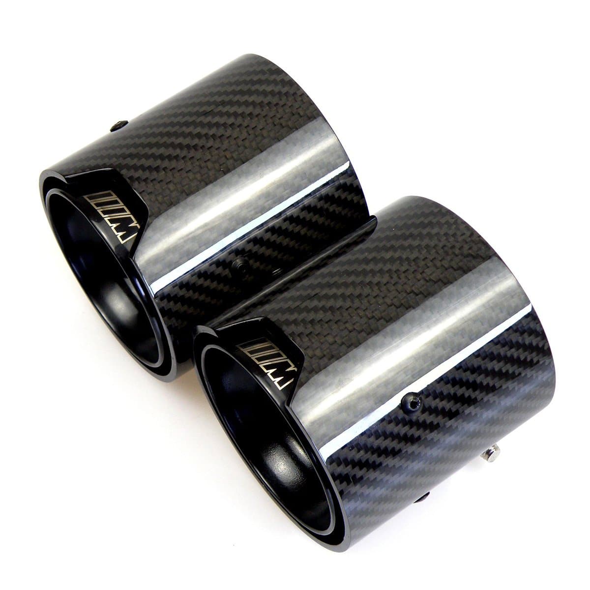 BMW 5 Series 6 Series F10 F11 F06 F12 F13 Replacement Carbon M Performance Exhaust Tips in Gloss Black Metal With Etched M Logo