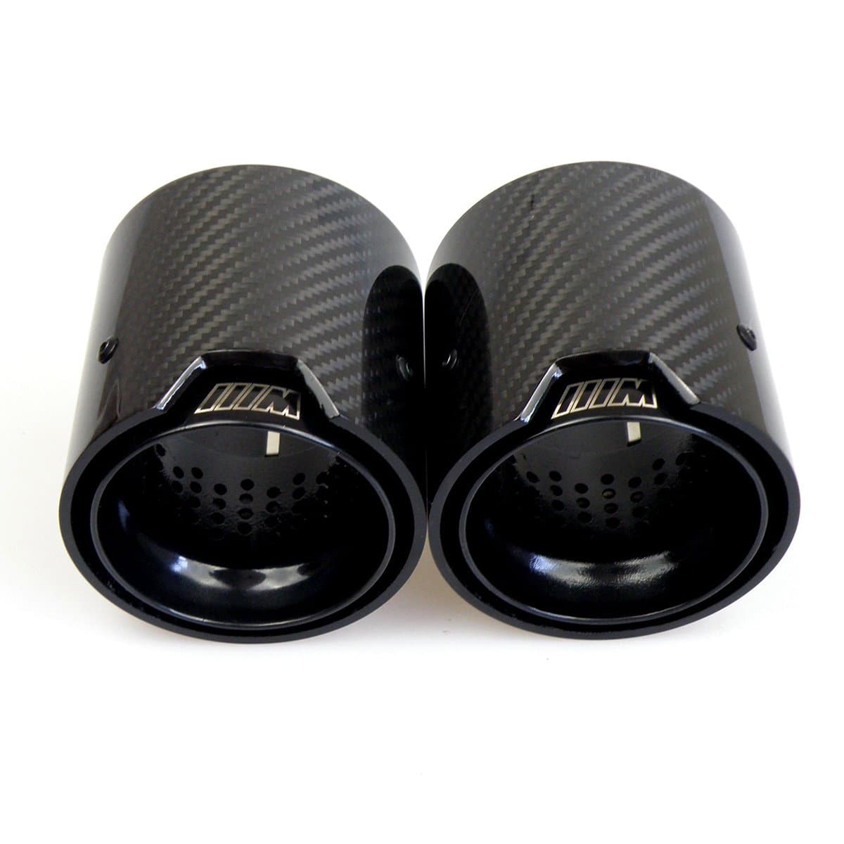 BMW M335I M340I F30 F31 3 Series Carbon Fibre M Performance Exhaust Tips finished in Gloss Black Metal with Laser Etched M Logo