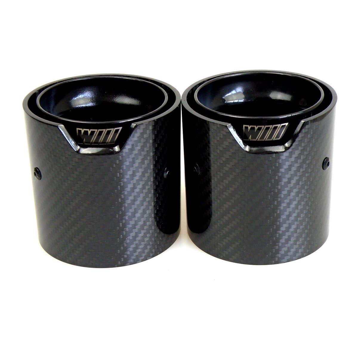 BMW M335I M340I F30 F31 3 Series Carbon Fibre M Performance Exhaust Tips finished in Gloss Black Metal with Laser Etched M Logo