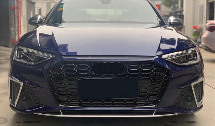 Audi A4/S4 (B9.5) 2020+ RS4 Style Gloss Black Front Grille Replacement - Inspired by the RS4 Honeycomb styling, this product is a stunning addition to the new B9.5 A4/S4 Front end with its fully blacked-out styling package giving your B9.5 A4/S4 that stealth look while also increasing the air intake and cooling capacity. They are finished in a Gloss Black Colouring.