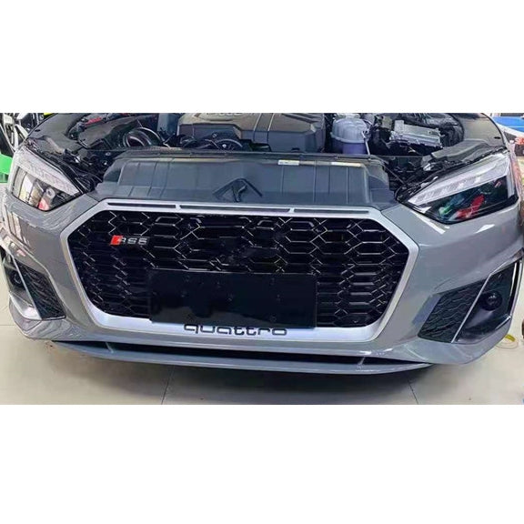 The Facelift B9.5 Audi A5/S5 Gloss Black and Satin Silver RS5 Style Front Grille are manufactured on the new facelift B9.5 A5/S5 Models taking design inspiration from the RS5 Styling with the honeycomb front grille this product is a stunning part to add to your 2021 Audi A5/S5 Model. This product comes without any logos and is a direct replacement product.