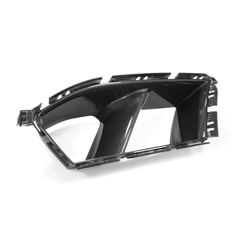 BMW G80 M3 M Performance Style Carbon Fibre Replacement Front Bumper Vent Trims - Manufactured from 100% Carbon fibre with ABS Clip sections to provide a perfect fitment to your new BMW G80 M3 Model. This product will drastically change the look of your G80 M3 Front Bumper. Designed to increase airflow to the brakes to keep your car performing at its peak for longer. 
