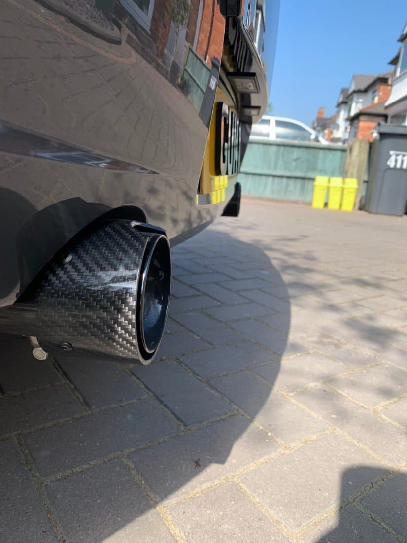 BMW M435I M440I F32 F33 4 Series Carbon Fibre M Performance Exhaust Tips finished in Gloss Black Metal with Laser Etched M Logo