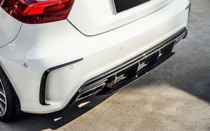 Mercedes Benz A-Class/A45 W176 Carbon Fibre AMG Style Rear Bumper Canards - Manufactured From 2*2 Carbon Fibre Weave to produce a stunning addition to the rear of any AMG line Mercedes A-class Model. This product fits both Pre-Facelift and Facelift Models and transforms the rear end.