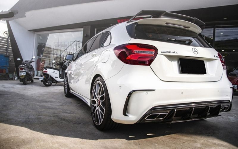 Mercedes Benz A-Class/A45 W176 Carbon Fibre AMG Style Rear Bumper Canards - Manufactured From 2*2 Carbon Fibre Weave to produce a stunning addition to the rear of any AMG line Mercedes A-class Model. This product fits both Pre-Facelift and Facelift Models and transforms the rear end.