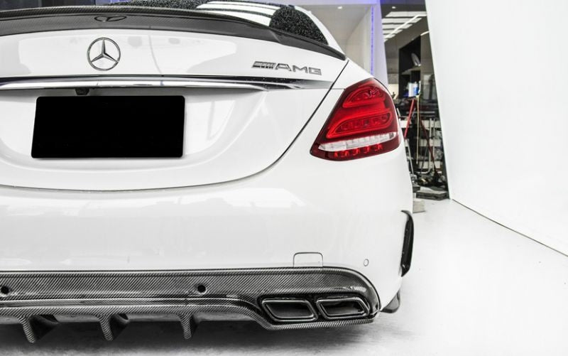 Mercedes Benz Future Design Inspired Carbon Fibre Rear Diffuser for the C Class/C43/C63 S205/W205 Saloon and Estate Models - Manufactured from 2*2 Carbon Fibre and FRP, this product is robust and durable. Inspired by the Future Design Styling to add Aggression and texture to the rear of the C-Class and C63 Models.
