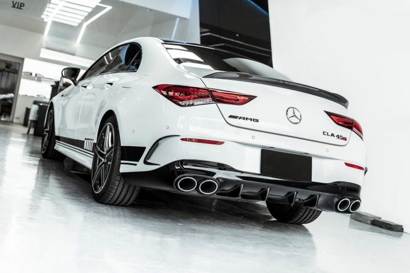 Mercedes Benz CLA-Class/CLA35/CLA45 W118/C118 Future Design Style Gloss Black Rear Bumper Diffuser and Exhaust Tip kit - Manufactured to fit all of the Mercedes CLA-Class Models from the AMG Line to the CLA35 and CLA45. This product transforms the rear end of the CLA Class Mercedes with the High Gloss Black Rear Diffuser with the Quad Exhaust Tip set up that fits directly onto your existing system.