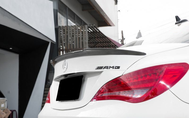 Mercedes Benz CLA-Class/CLA45 Future Design Style Carbon Fibre Rear Spoiler - Manufactured from 2*2 Carbon Fibre weave with FRP to produce a Robust and Durable Rear Spoiler. Manufactured with the signature centre cut that Future Design Japan is known for. This product is inspired by the Future Design styling and is the perfect addition to any CLA-Class Mercedes.