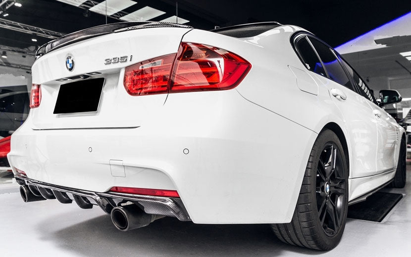 BMW 3 Series F30 Saloon and F31 Estate M Performance Carbon Fibre Rear Diffuser for the 335I/340I Models - Manufactured in the BMW M Performance Styling with 2*2 Carbon Fibre Weave, This product is the perfect replacement diffuser to enhance the rear of your BMW 3 Series Model. With Stunning Shapes and more aggressive shaping, this product suits the nature of the BMW 335I and 340I models. 