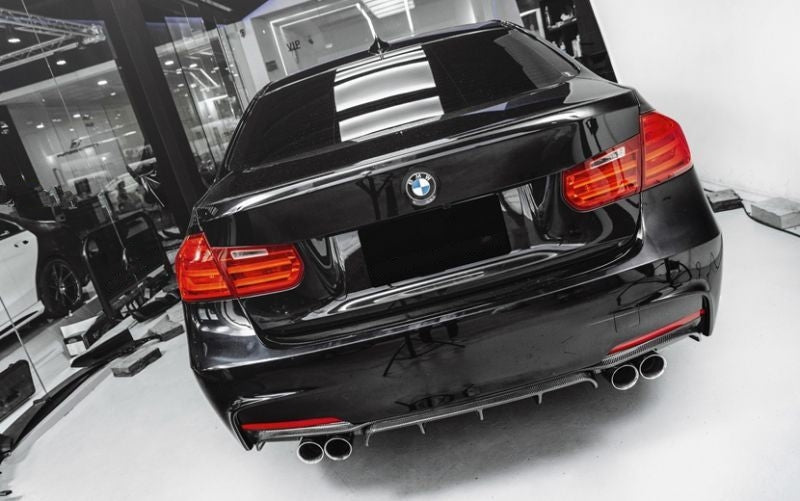 BMW F30 F31 Saloon/Estate M Tech Rear Diffuser for the Quad Exhaust Tips is Super lightweight and Durable. It is UV-Protective Clear Coated or Fade & Rust Resistant. The Carbon Fibre Rear Diffuser is Made of  2*2 3K Twill Carbon Fibre FRP material.  This rear diffuser fits for BMW F30/F31 M-Sport 12-18. Its Racing inspired aerodynamics and styling will fit BMW 3 series F30/F31 M sport edition 320i 325i 328i 335i M sport M-tech.