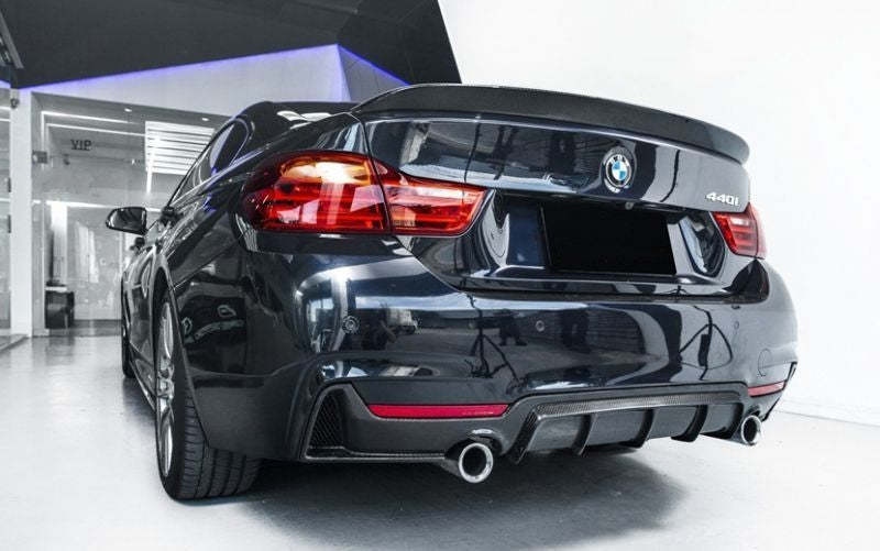 The BMW F32 F33 F36 4 Series 435I 440I Diffuser is Made of high quality and lightweight carbon fibre material, enhances the vehicle's appearance, and gives it a nice sporty look. The rear bumper lip can make the vehicle look like a more performance car.
