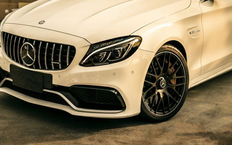 Mercedes C-Class A205/C205/W205 C63 AMG GT Style Panamerica Chrome Front Grille - Manufactured to redesign the front end of your C63 With its vertical slats providing better airflow to the radiator to keep that 4.0L Twin Turbo V8 cooler for performance and longevity gains. This product is exquisitely designed with ABS Plastic to be durable as well as aesthetically pleasing. Take your C63 to the next level with this stunning grille. 
