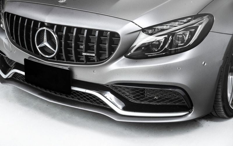 Mercedes C-Class A205/C205/W205 C63 AMG GT Style Panamerica Gloss Black Front Grille - Manufactured to redesign the front end of your C63 With its vertical slats providing better airflow to the radiator to keep that 4.0L Twin Turbo V8 cooler for performance and longevity gains. This product is exquisitely designed with ABS Plastic to be durable as well as aesthetically pleasing. Take your C63 to the next level with this stunning grille. 