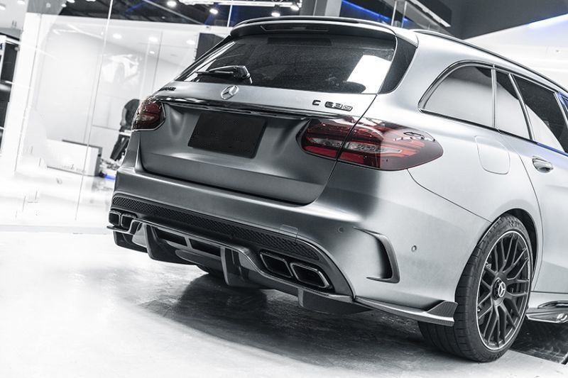 Mercedes Benz C63 Saloon (W205) and Estate (S205) PSM Style Carbon Fibre Rear Diffuser Under Tray - Inspired by the PSM Styling for the C63 Models, This product is the ultimate addition to the C63's Rear end with a full undertray feature that encapsulates the exhaust tips in between either stock diffuser and the PSM Undertray diffuser. This product truly makes your C63 Model Unique.