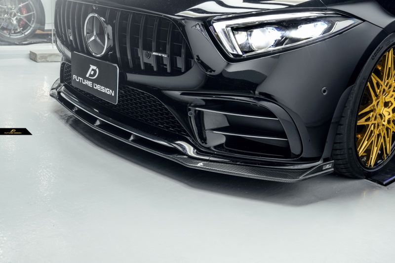  Mercedes Benz CLS-Class and CLS53 (W257/C257) Future Design GT-V Carbon Fibre Front Lip Spoiler - Designed by Future Design Japan, This product is manufactured using Pre-Preg carbon fibre to create a lightweight and strong carbon fibre front lip spoiler for the CLS-Class CLS220D/CLS300D/CLS400D/CLS450 and CLS53 Mercedes models.